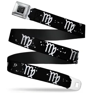 BD Wings Logo CLOSE-UP Full Color Black Silver Seatbelt Belt - Zodiac Virgo Symbol/Constellations Black/White Webbing