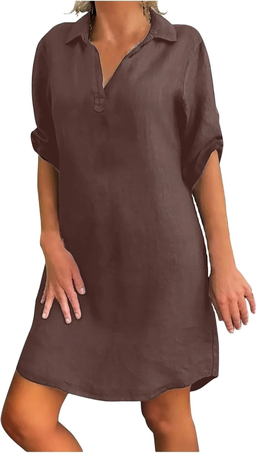 Beach Cover Ups for Women Loose Fit Cotton and Linen Short Sleeve Shirt Lapel Dresses Bathing Suit Cover Up Dresses