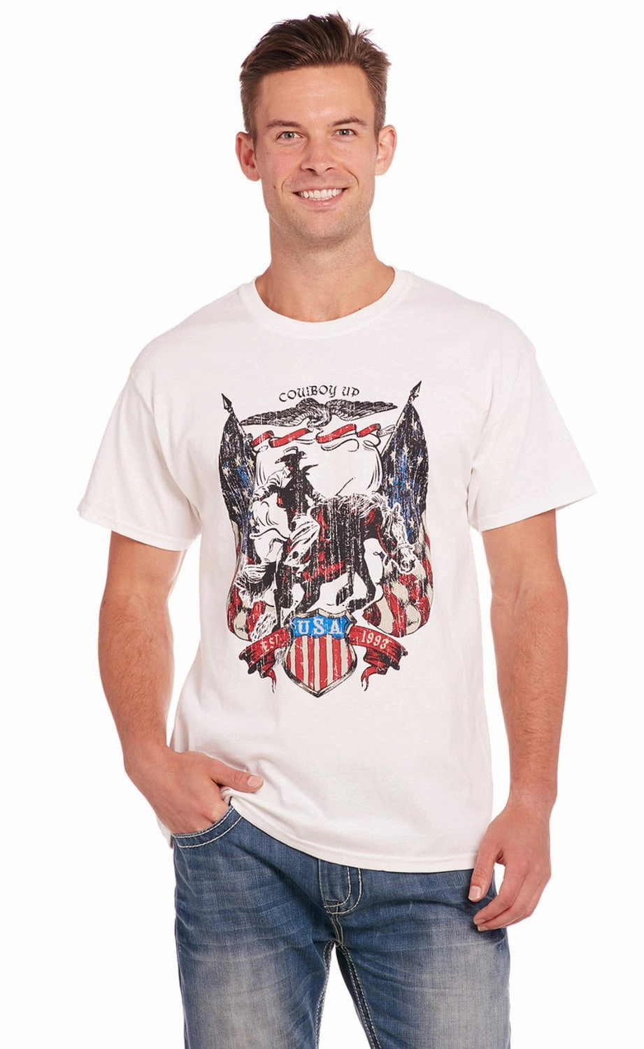 Easy Comfort Cowboy Up Mens USA Flag Tee White 100% Cotton S/S T-Shirt