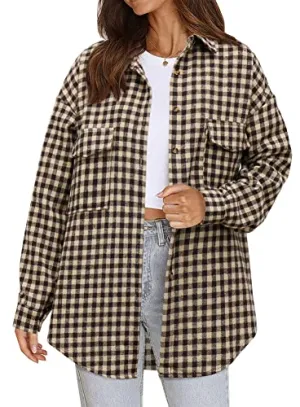 Beaully Plaid Flannel Shirts for Women Oversized Long Sleeve Button Down Buffalo Plaid Shirt Blouse Tops 6061 G-Khaki XX-Large