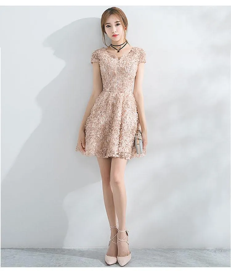 Beautiful A Line Short Sleeves Mini Lace Homecoming Dresses PFH0108