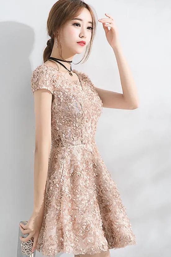 Beautiful A Line Short Sleeves Mini Lace Homecoming Dresses PFH0108