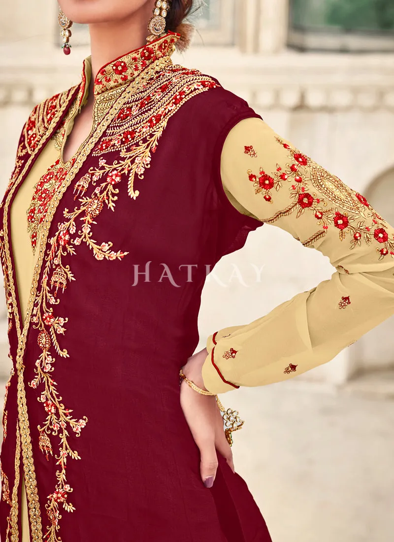 Beige And Maroon Embroidered Jacket Style Anarkali Suit