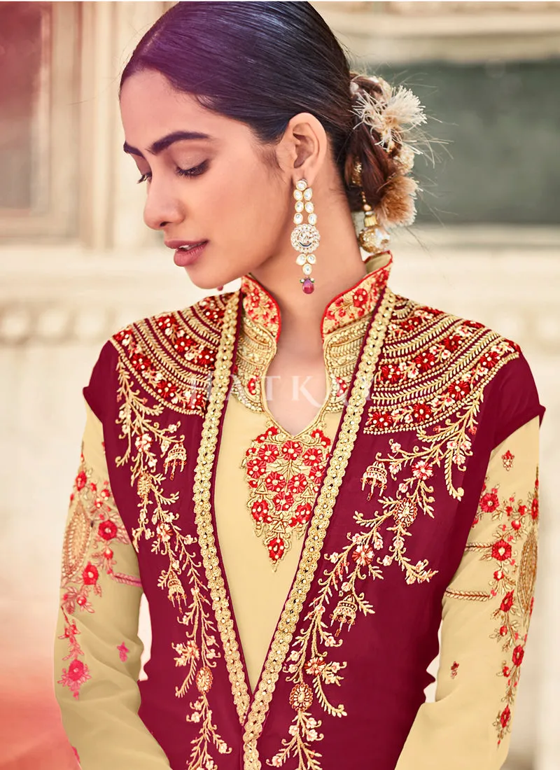 Beige And Maroon Embroidered Jacket Style Anarkali Suit