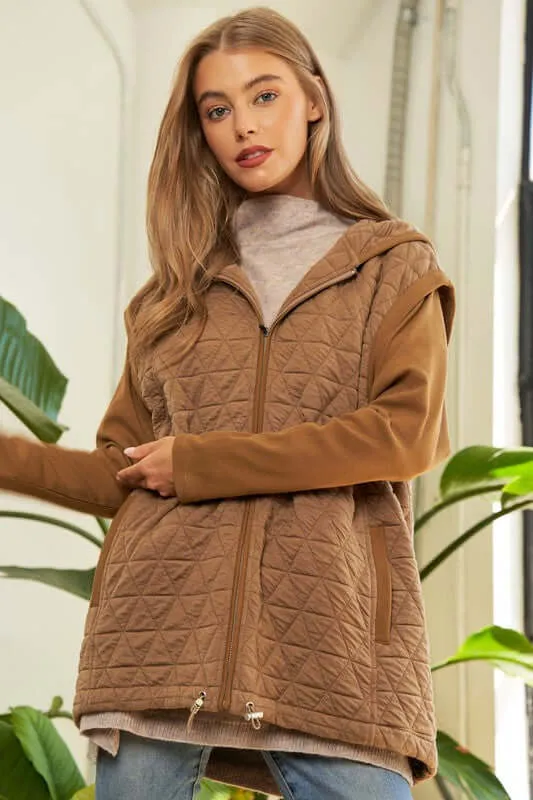 Beige Brown Zipper Front Hoodie Jacket
