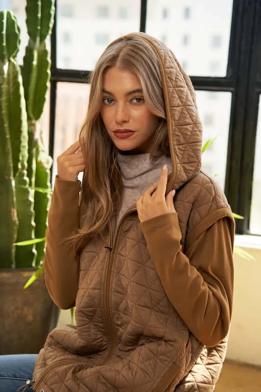 Beige Brown Zipper Front Hoodie Jacket