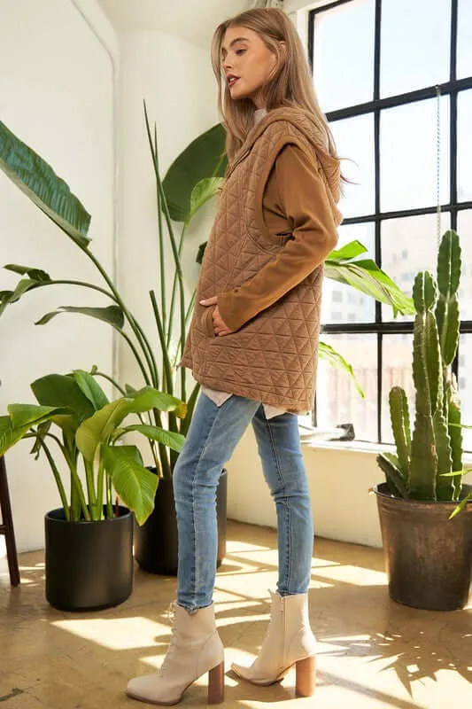 Beige Brown Zipper Front Hoodie Jacket