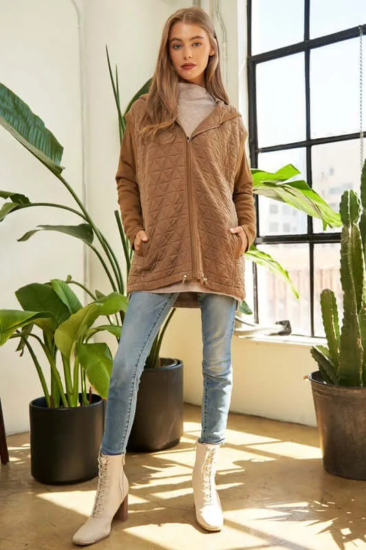 Beige Brown Zipper Front Hoodie Jacket