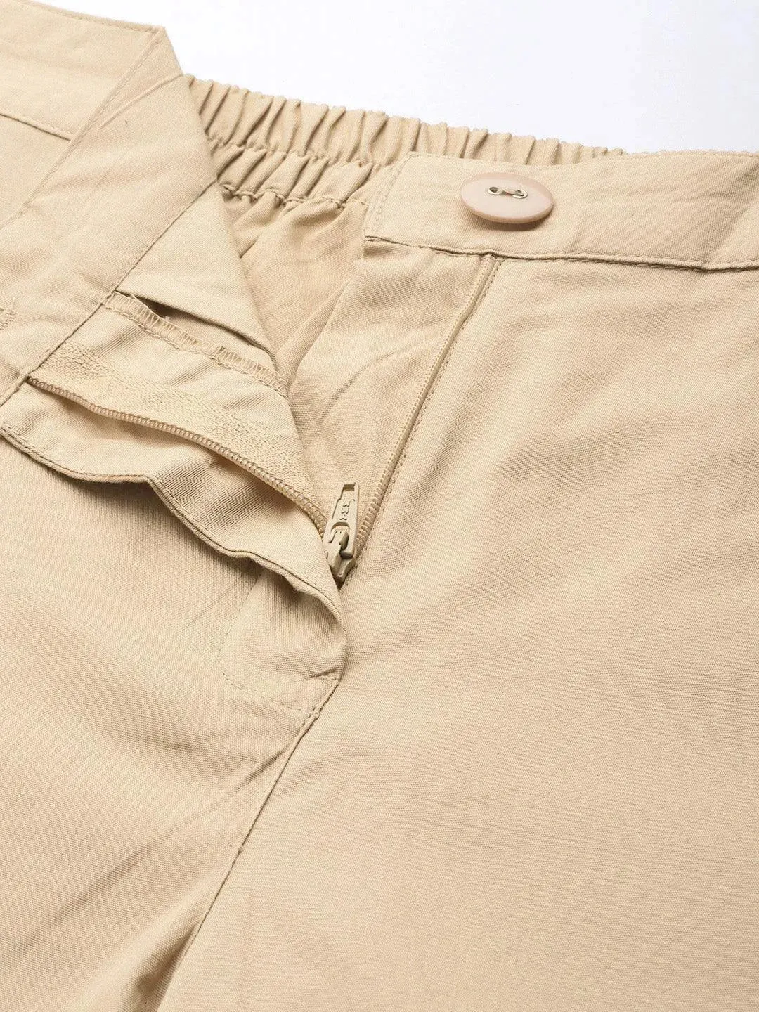 Beige Solid Cotton Trousers