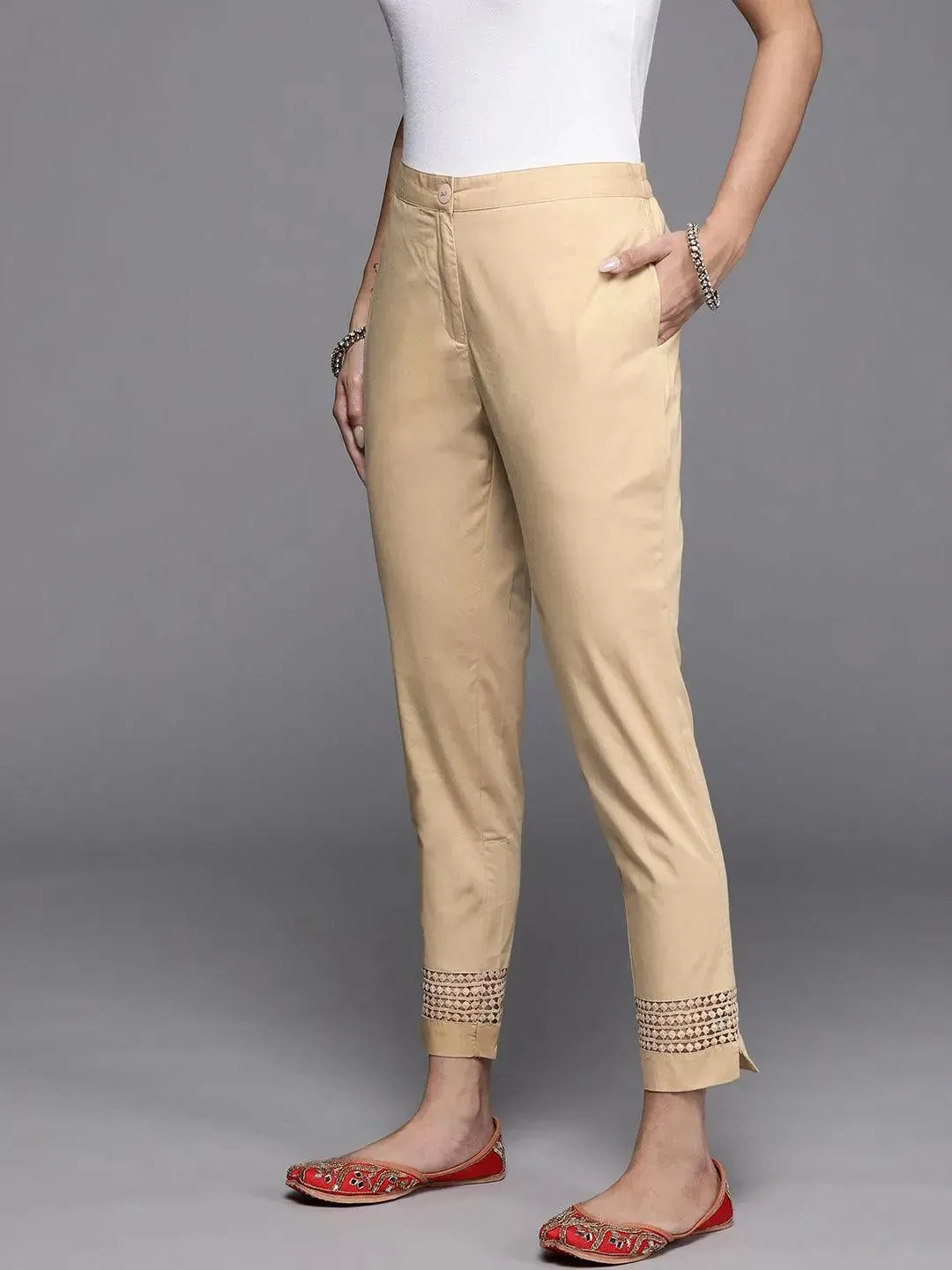 Beige Solid Cotton Trousers