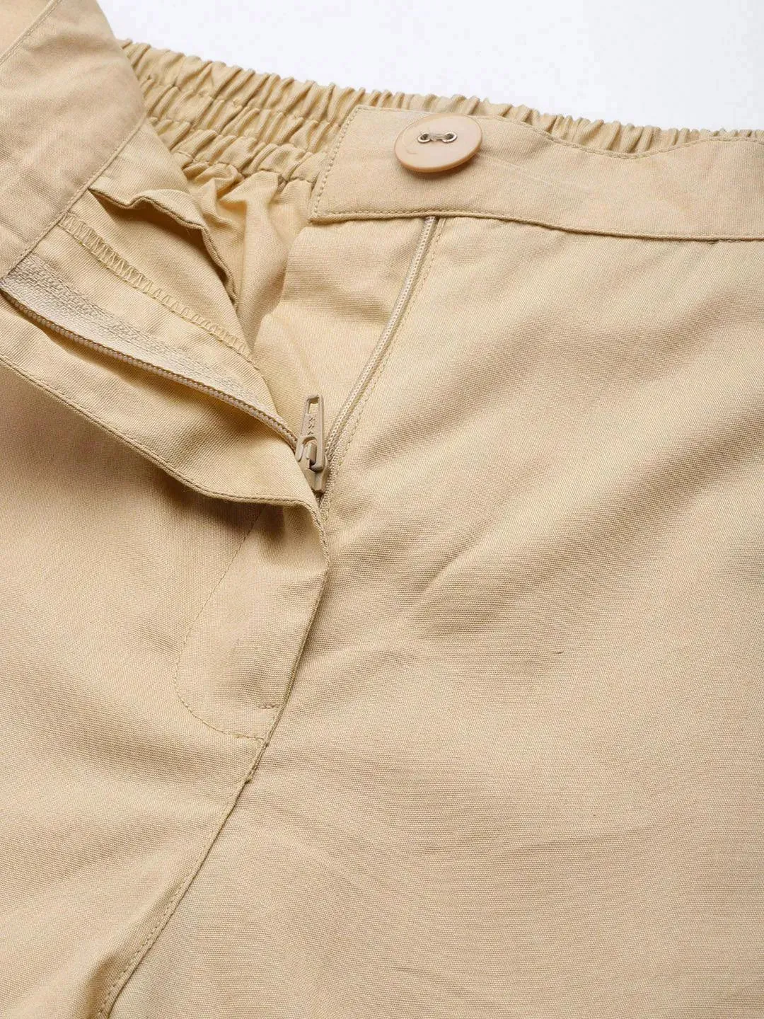 Beige Solid Cotton Trousers