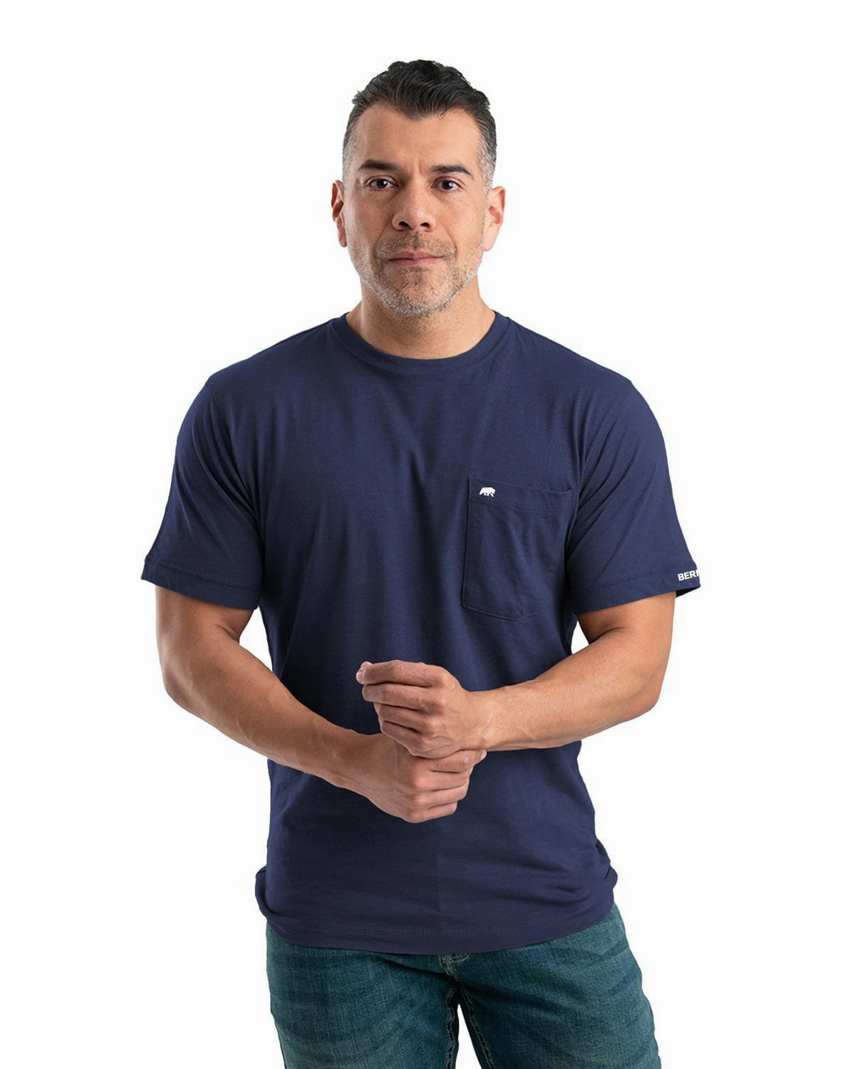 Berne Apparel Mens Performance Pocket Tee Navy Cotton Blend L/S T-Shirt BreathableMeshLining Basic Top