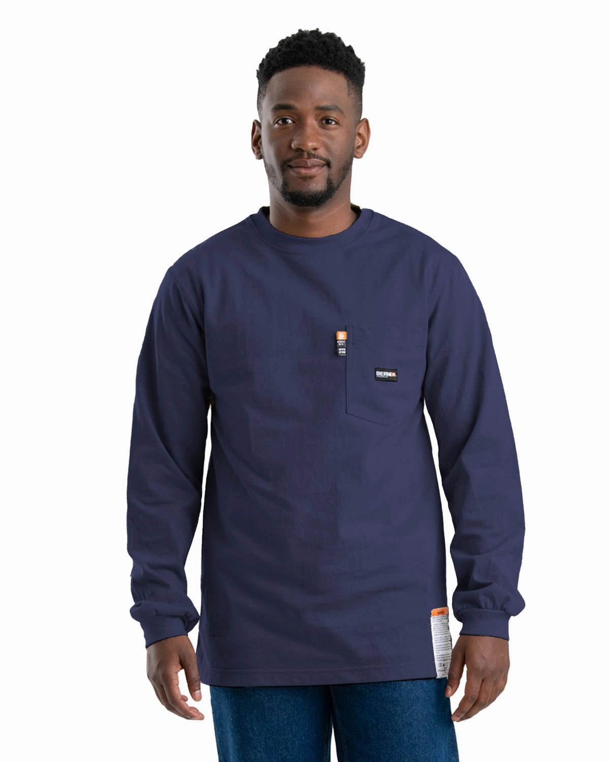Berne Mens Flame Resistant Crew Neck Pocket Navy 100% Cotton L/S T-Shirt Casual Comfort Design Evergreen