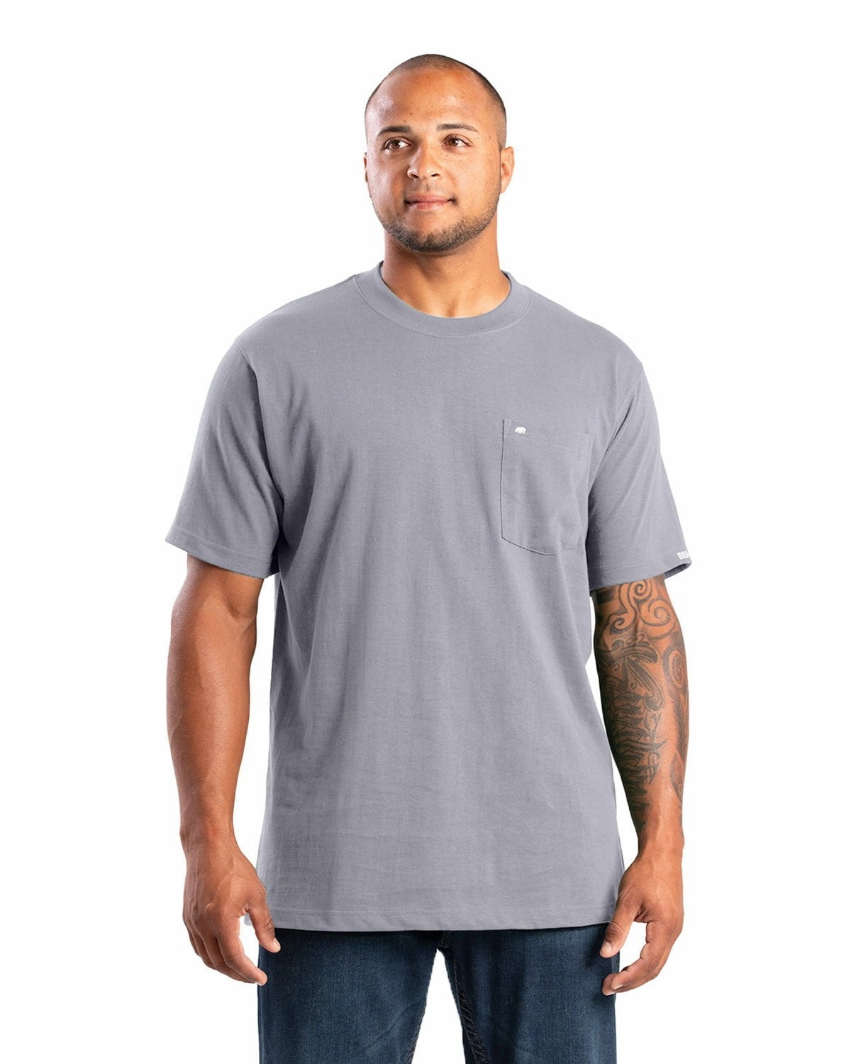 Berne Mens Highland Heavyweight Pocket Smoke 100% Cotton S/S T-Shirt proper length sporty wear