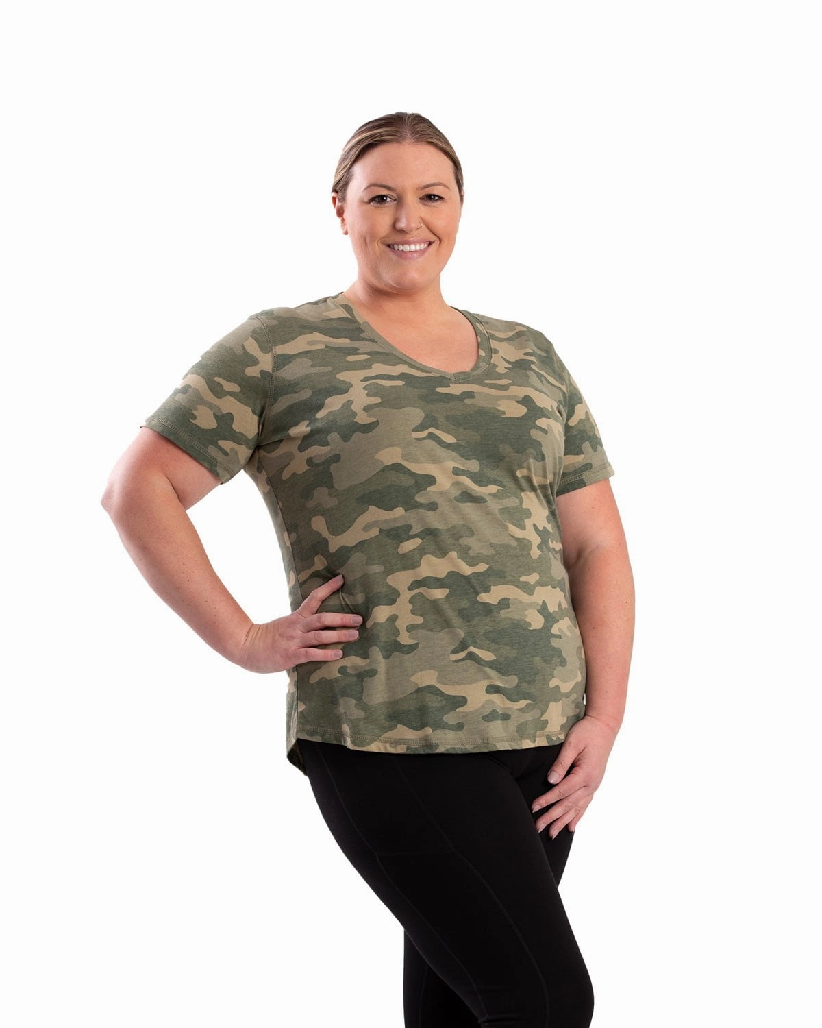 Berne Womens Performance V-Neck Forest Camo Cotton Blend S/S T-Shirt Luxurious Feel Anti Static Lining