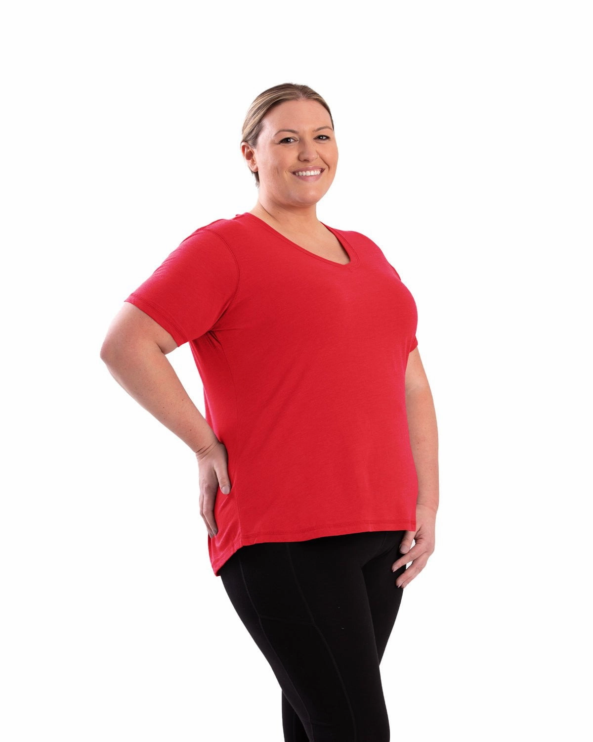 Berne Womens Performance V-Neck Tomato Cotton Blend S/S T-Shirt Versatile Layer Multi Layer Stitching