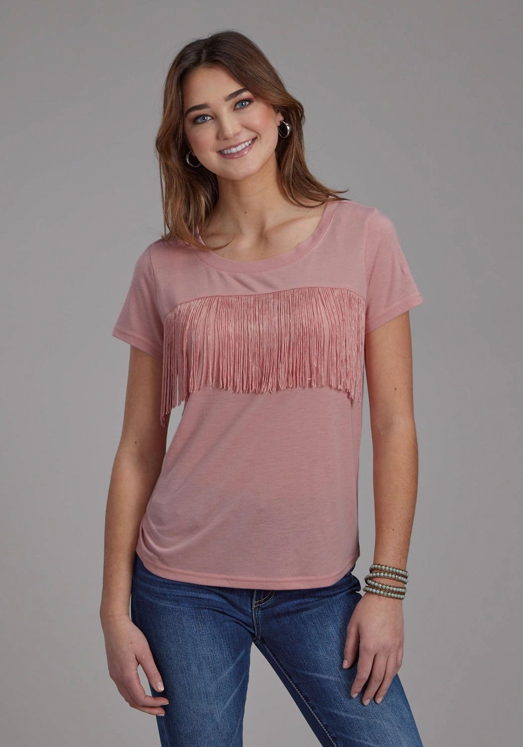 Roper Womens Front Yoke Fringe Pink Poly/Rayon S/S T-Shirt Comfort Stretch