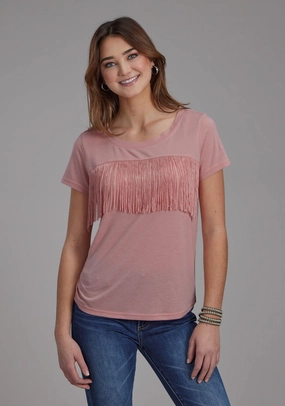 Breathable Cotton Roper Womens Front Yoke Fringe Pink Poly/Rayon S/S T-Shirt