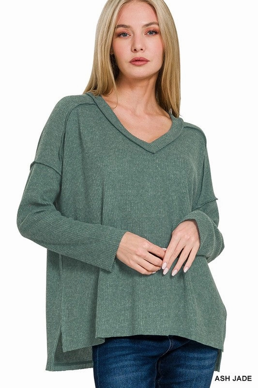 DoubleStitchedSeams BioBased Fiber Bettie Brushed Ribbed Hacci Drop Shoulder V-neck Sweater S-XL