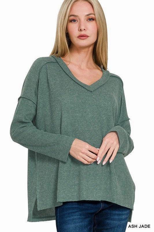 Non Restrictive Mobility Everyday Fashion Bettie Brushed Ribbed Hacci Drop Shoulder V-neck Sweater S-XL