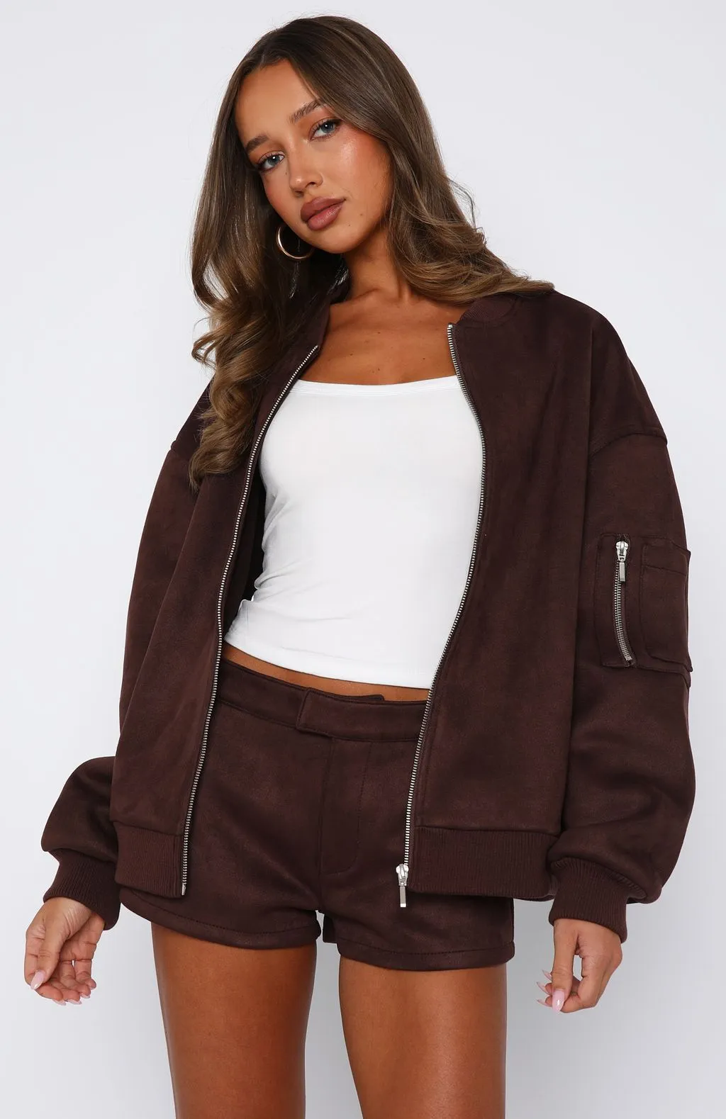 Breezy Feel Chill Wear Between Us Faux Suede Shorts Chocolate