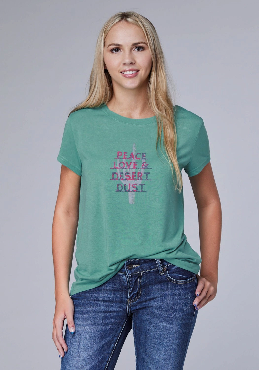 Fashionable Layer Roll-Up Sleeve Roper Womens Desert Dust Turquoise Poly/Rayon S/S T-Shirt