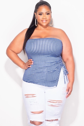 Final Sale Plus Size Gingham Tube Top with Drawstring Ruched Side in Royal Blue & White Cozy Essentials
