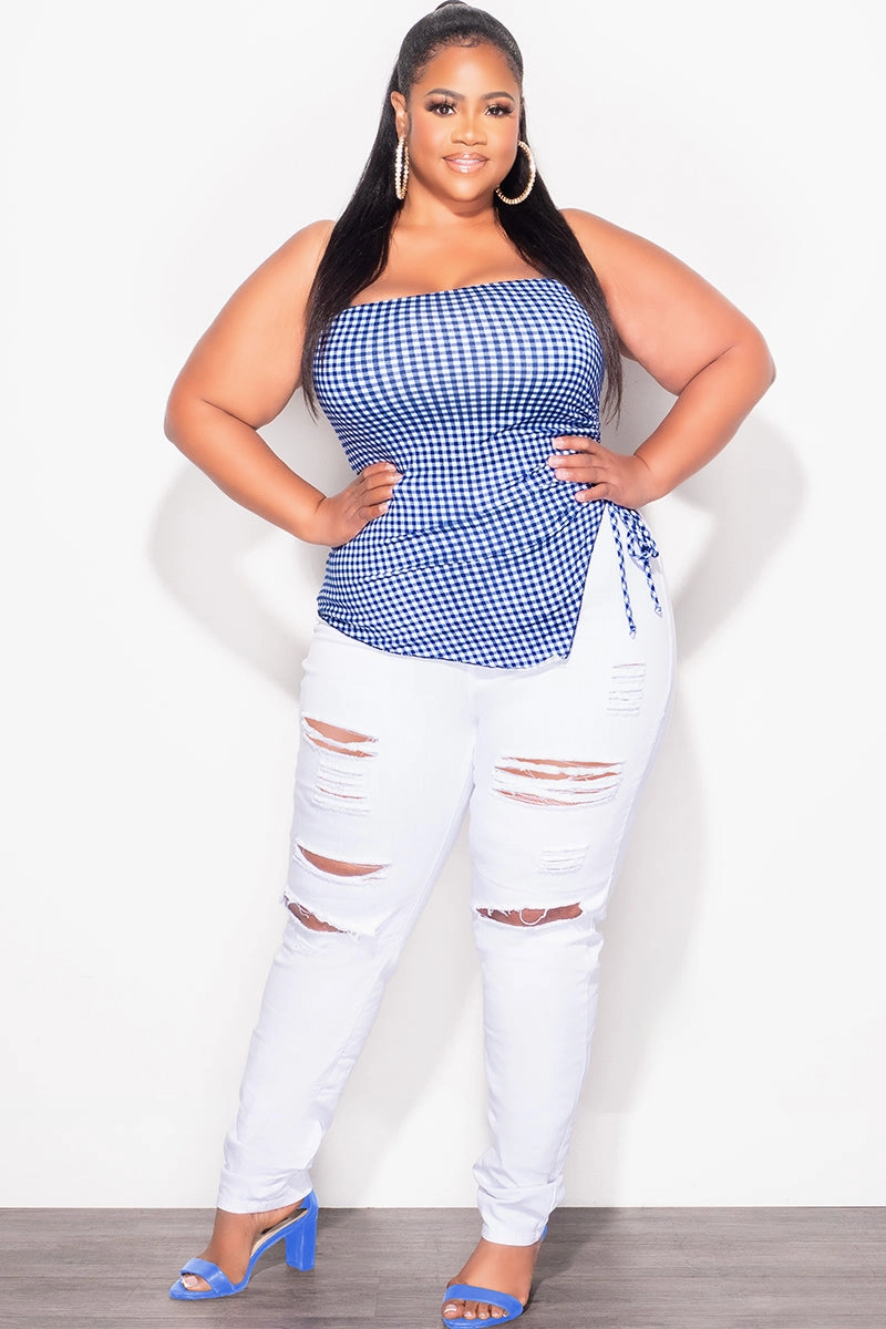 Final Sale Plus Size Gingham Tube Top with Drawstring Ruched Side in Royal Blue & White Stay Fresh QuickReleaseBuckle