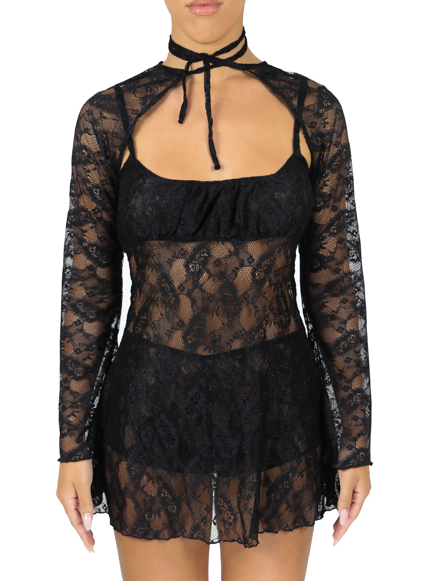 Warm Fabric Bisou Bell-Sleeved Bolero | Black Lace