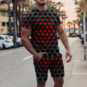 Black and Red Geometric Print Round Collar Short Sleeve Suit