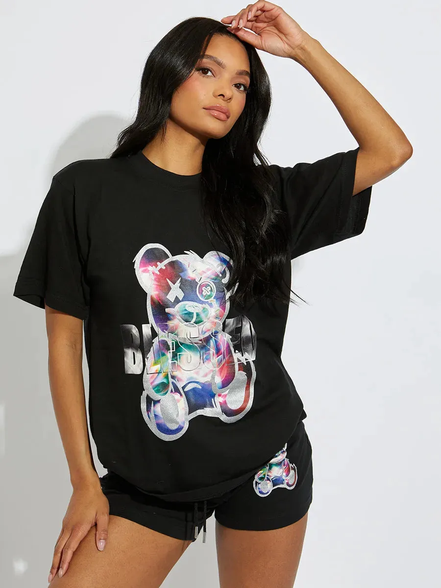Black Blessed Teddy Bear Oversized T-Shirt & Shorts Co-ord