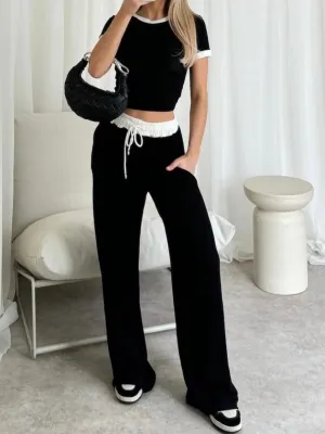 Black Contrast Trim Ribbed Crop Top & Wide Leg Trousers Loungewear Co-ord Set