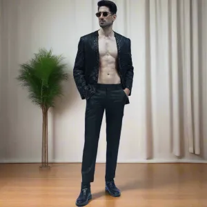 Black Embroidered Front Open Shrug Vegan Silk Blazer with Hemp Pants Yug Blazer Set