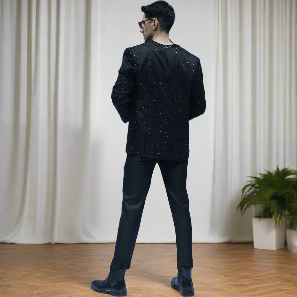 Black Embroidered Front Open Shrug Vegan Silk Blazer with Hemp Pants Yug Blazer Set