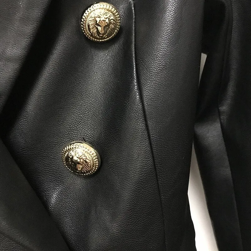 Black Ladies Plus Sized Leather Lion Button Blazer S-3XL