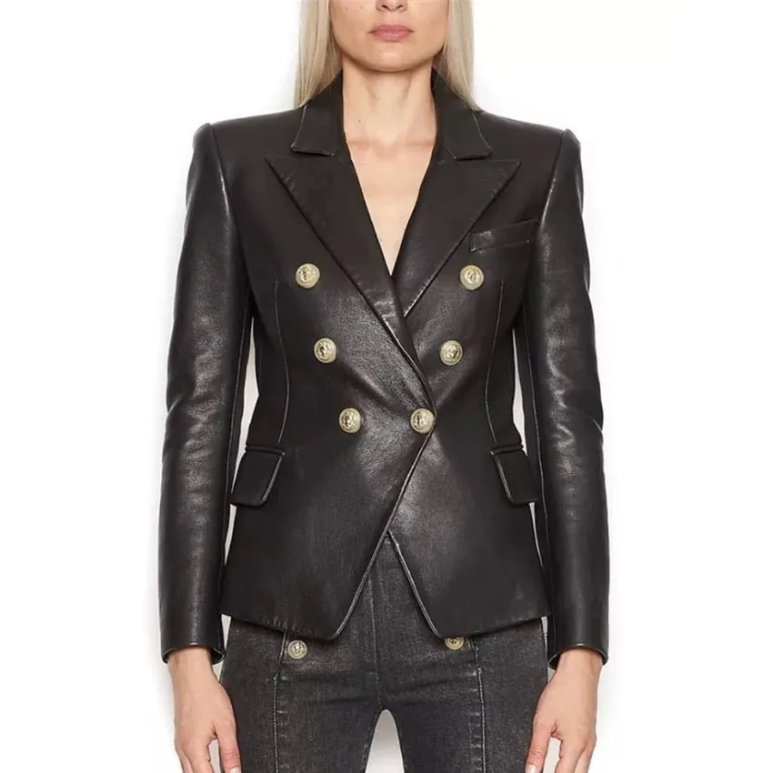 Black Ladies Plus Sized Leather Lion Button Blazer S-3XL