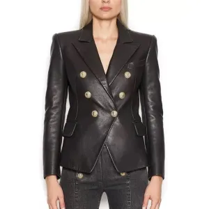 Black Ladies Plus Sized Leather Lion Button Blazer S-3XL