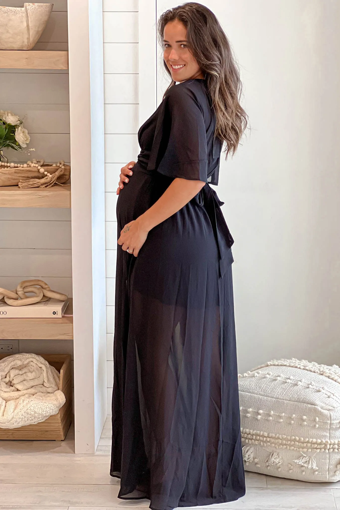 Black Maternity Maxi Dress With Tie Back And Slit