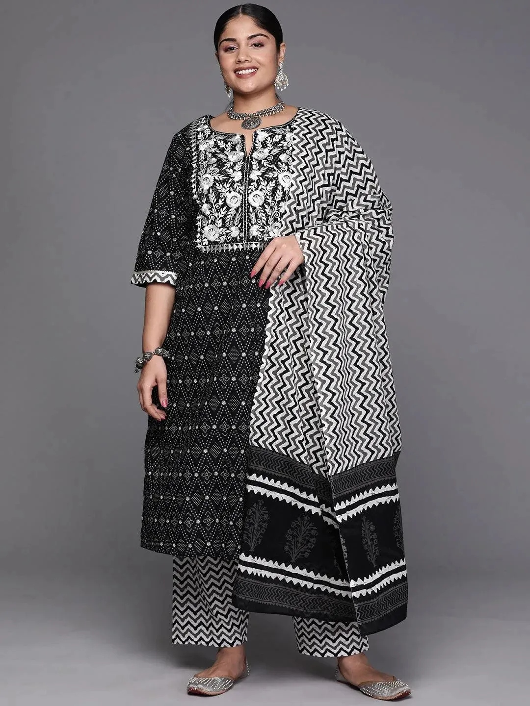 Black Printed Cotton Straight Kurta With Trousers and Dupatta