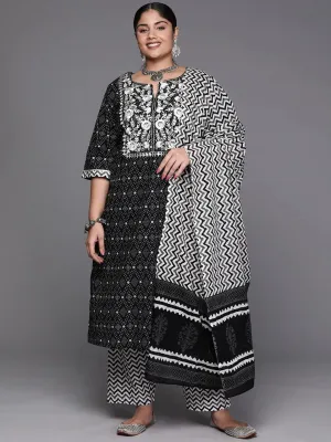 Black Printed Cotton Straight Kurta With Trousers and Dupatta