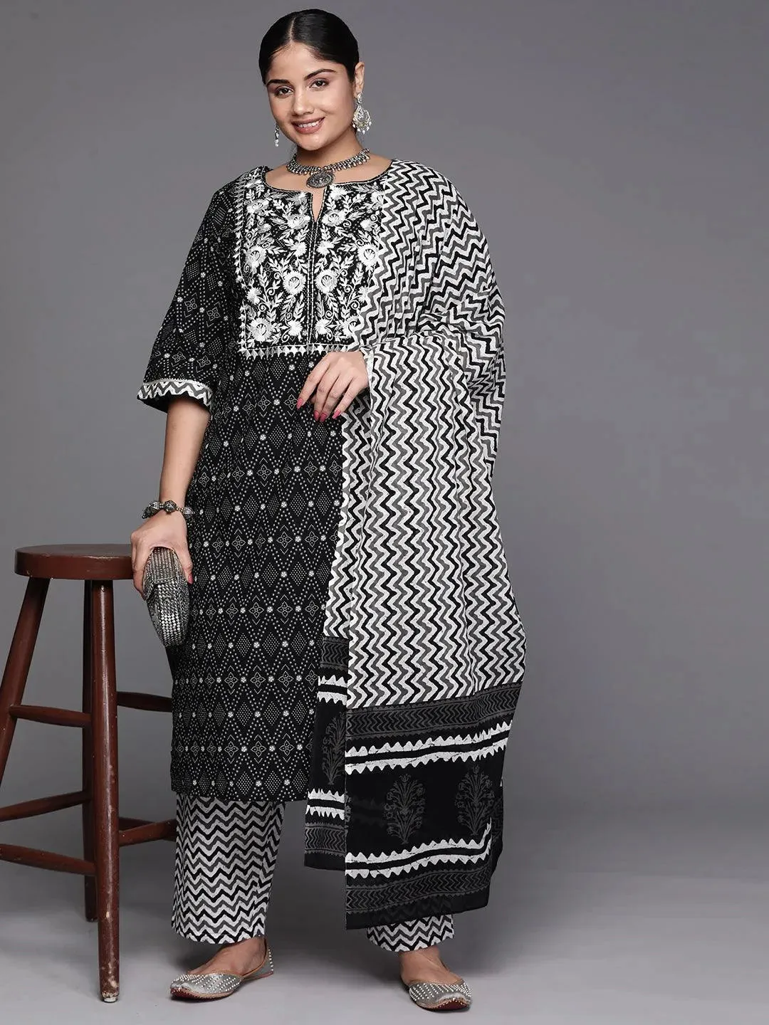 Black Printed Cotton Straight Kurta With Trousers and Dupatta