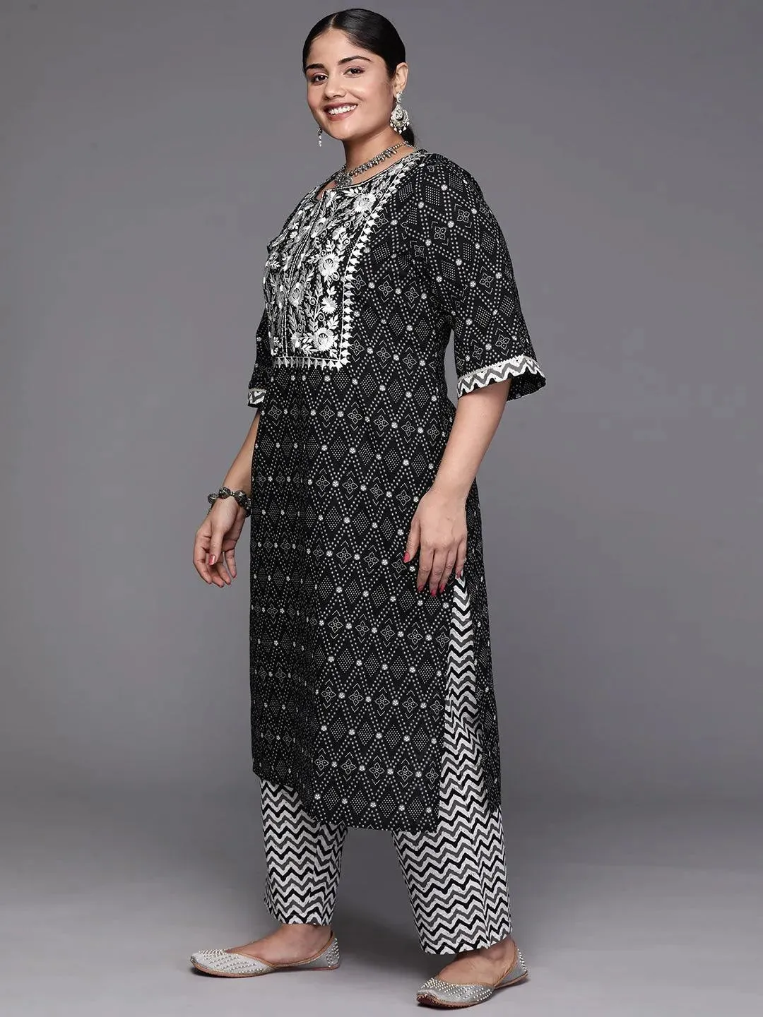 Black Printed Cotton Straight Kurta With Trousers and Dupatta