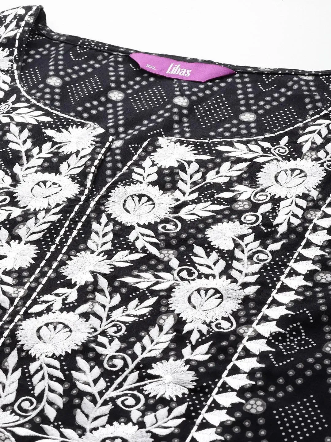 Black Printed Cotton Straight Kurta With Trousers and Dupatta