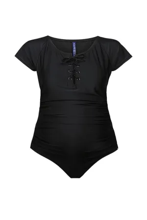 Black Short Sleeve Tie Maternity One Piece Swimwear