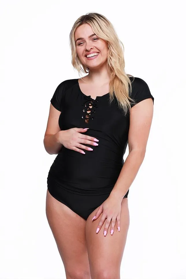 Black Short Sleeve Tie Maternity One Piece Swimwear