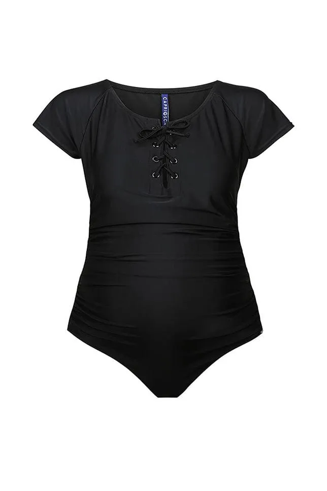 Black Short Sleeve Tie Maternity One Piece Swimwear