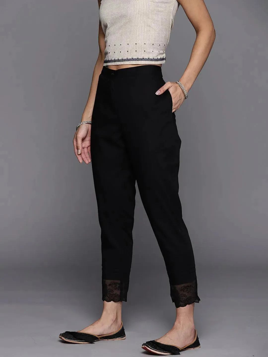 Black Solid Cotton Trousers