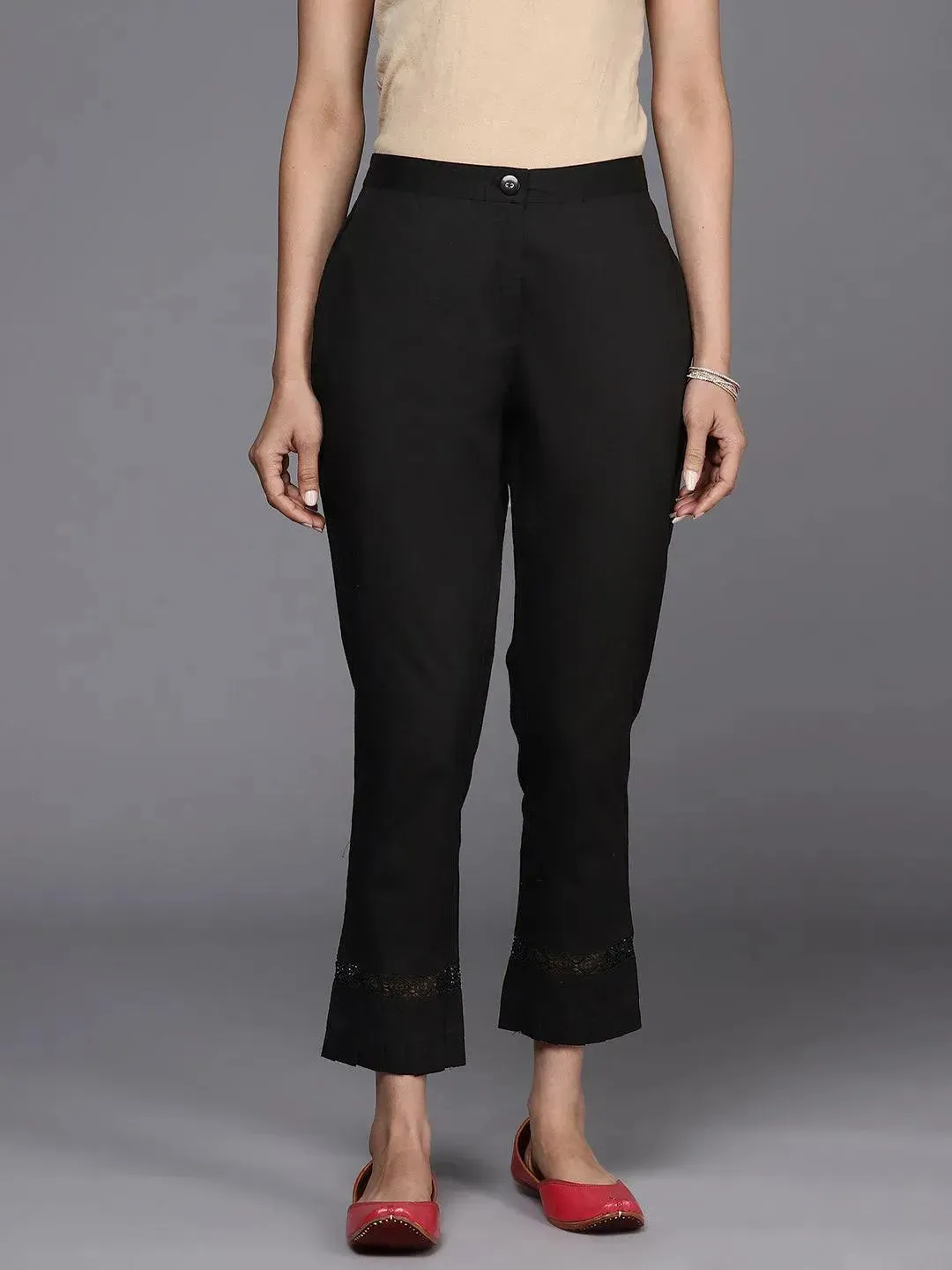 Black Solid Cotton Trousers