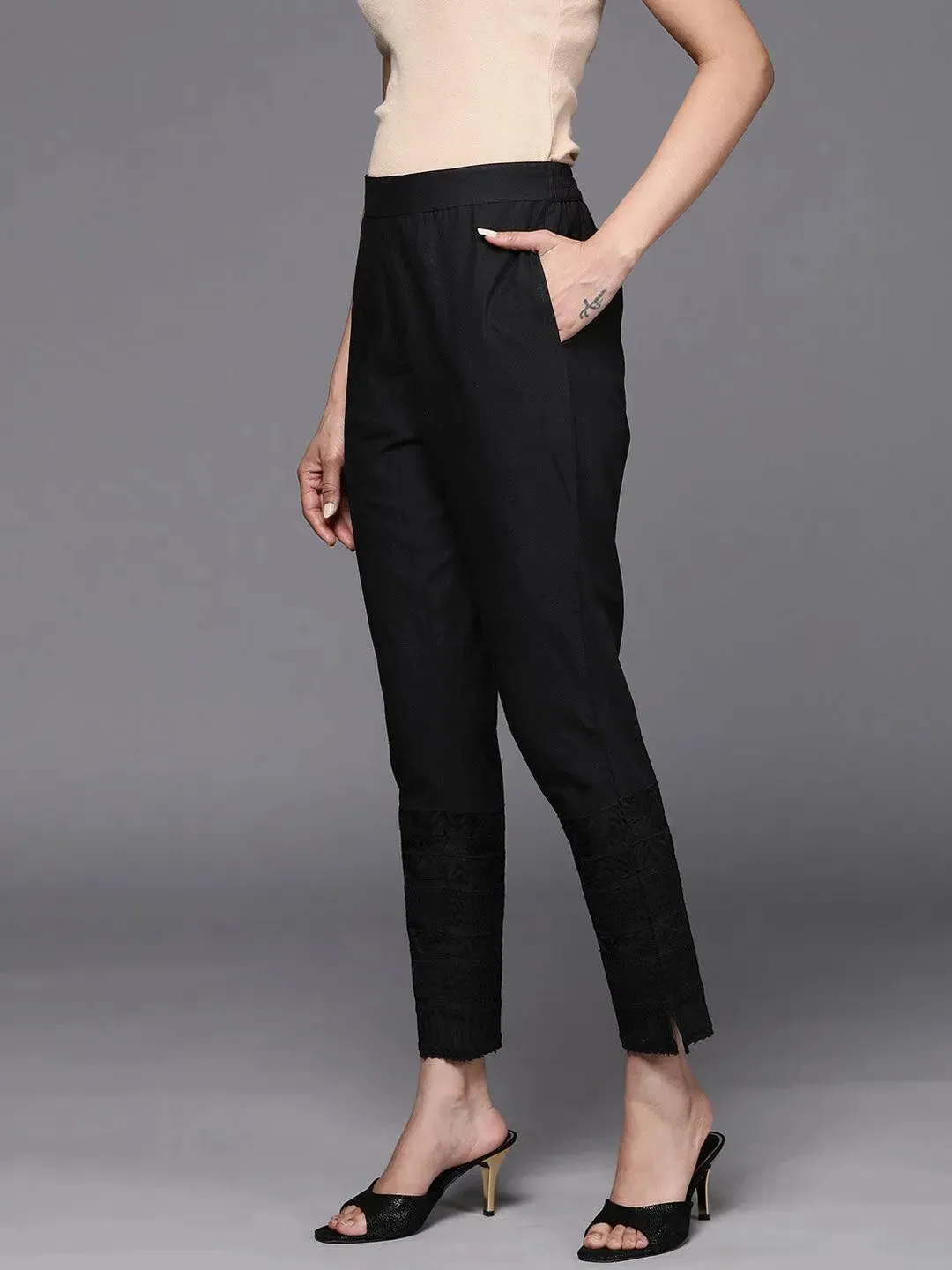 Black Solid Cotton Trousers