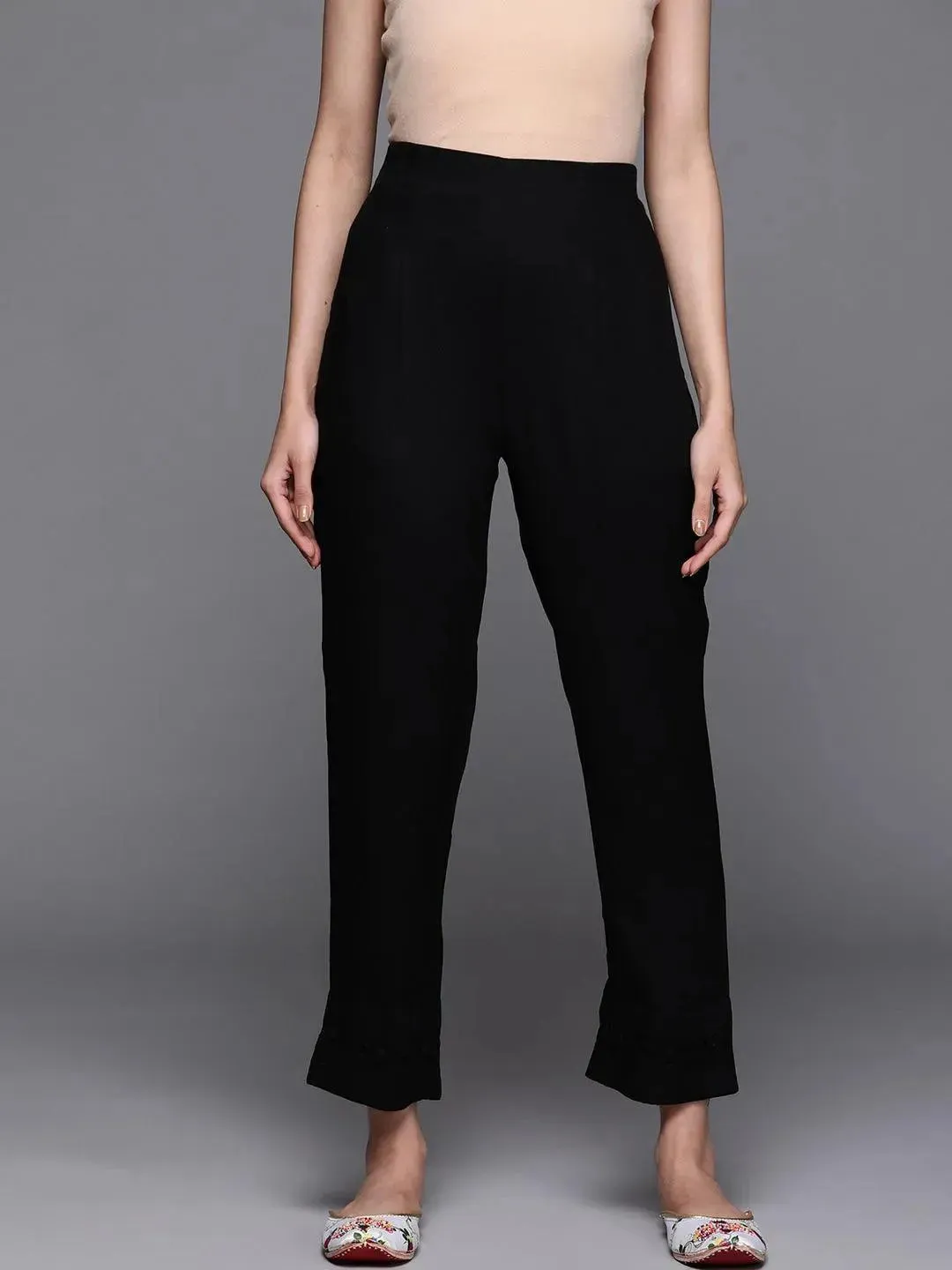 Black Solid Rayon Trousers
